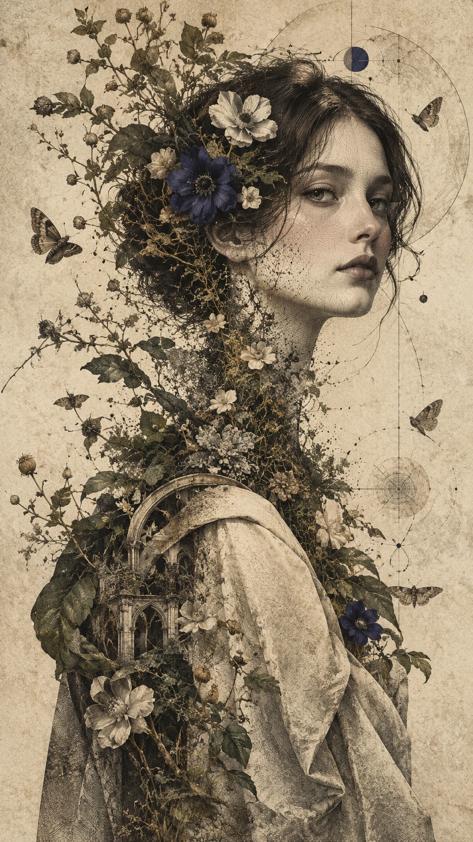 Uma mulher surreal se dissolve em galhos, vagens de sementes e flores