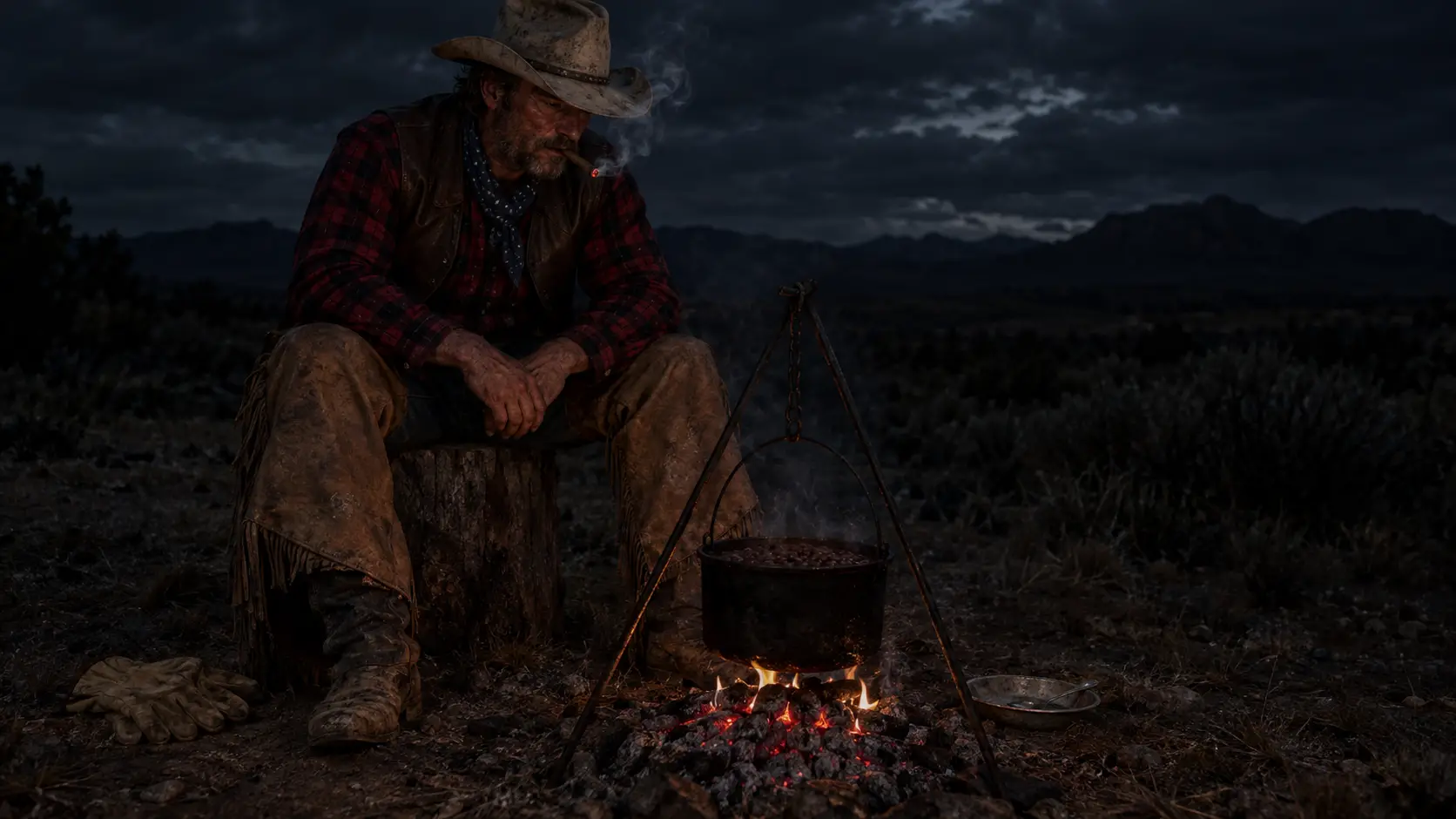 Um cowboy solitário observa feijões cozinhando em uma pequena fogueira à noite