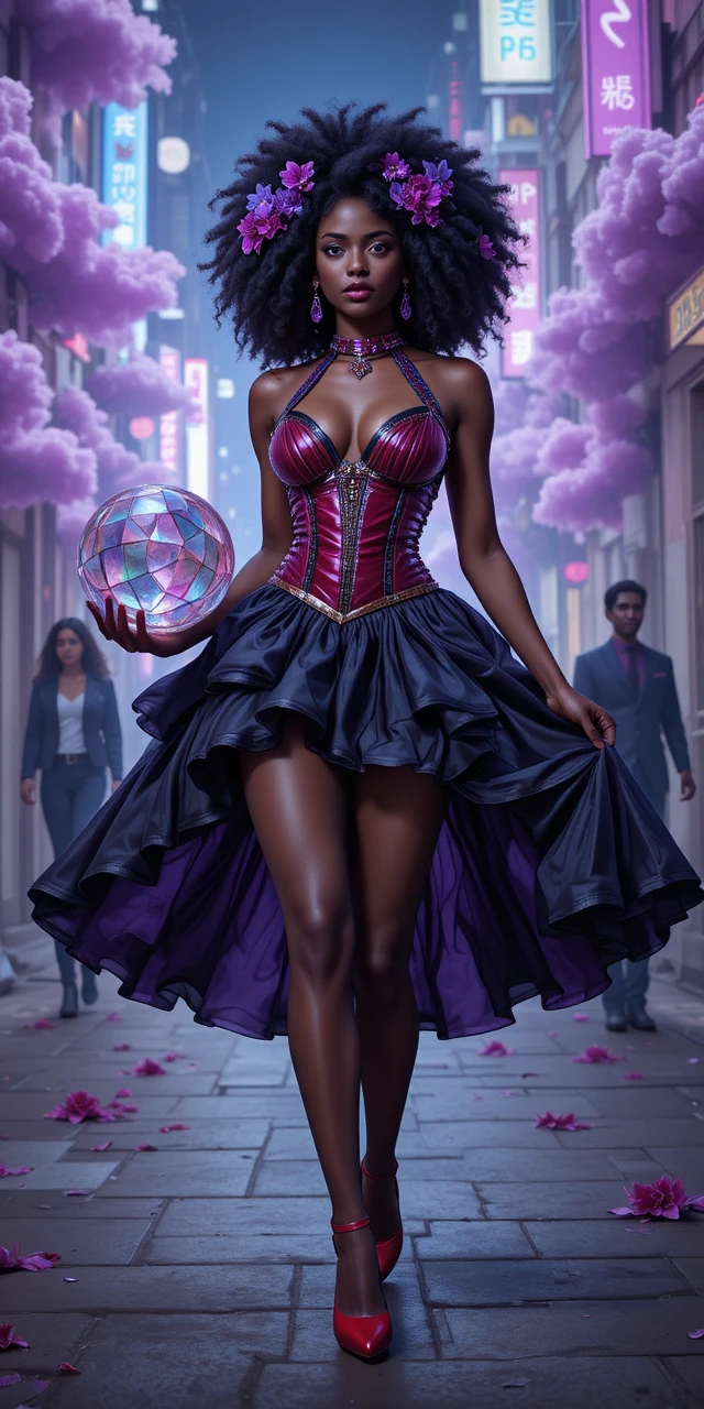 Uma mulher com um minivestido de couro vermelho caminha por uma rua iluminada por néons