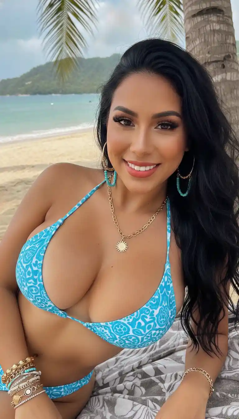 Uma mulher sorridente de biquíni, com uma silhueta curvilínea