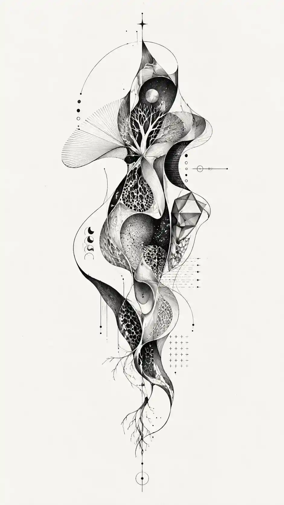 A Vertical Abstract Form Floating Alone in White Space
