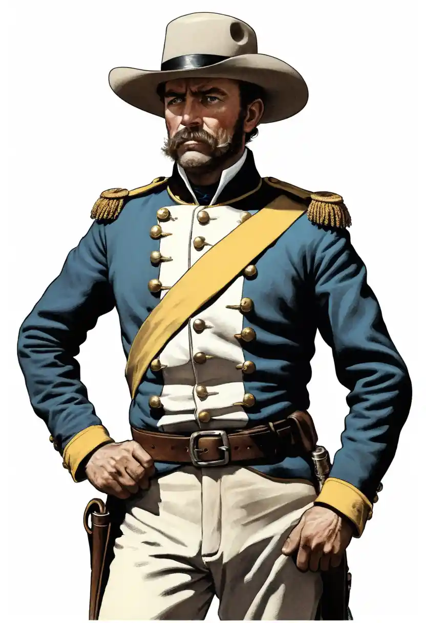 A weary cavalryman stands hands on hips against a white background
