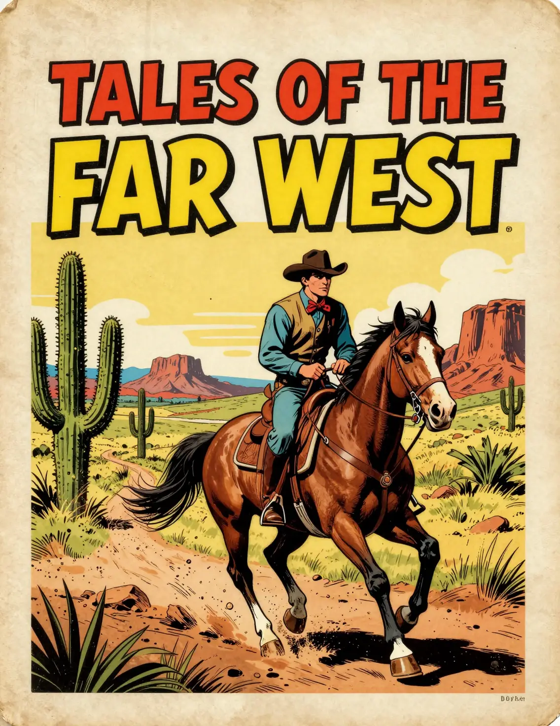 A cowboy rides a galloping horse through a dry western landscape
