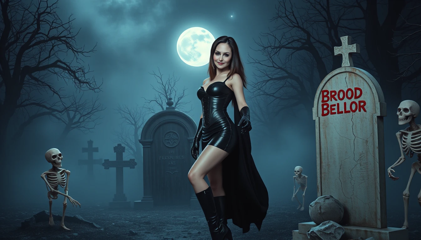 A Glamorous Vampire Woman Stands Alone in a Moonlit Cemetery