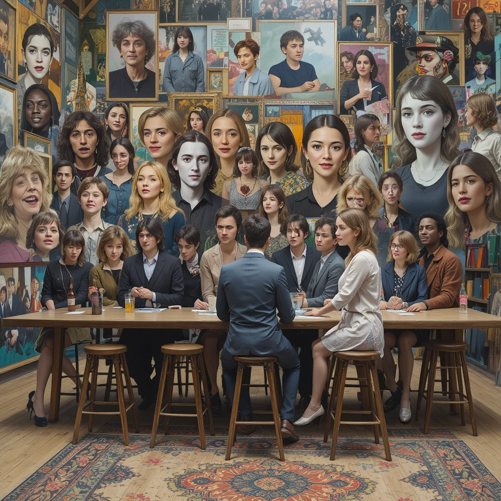 Un rassemblement de personnages en collage assis sur des tabourets autour d'une longue table