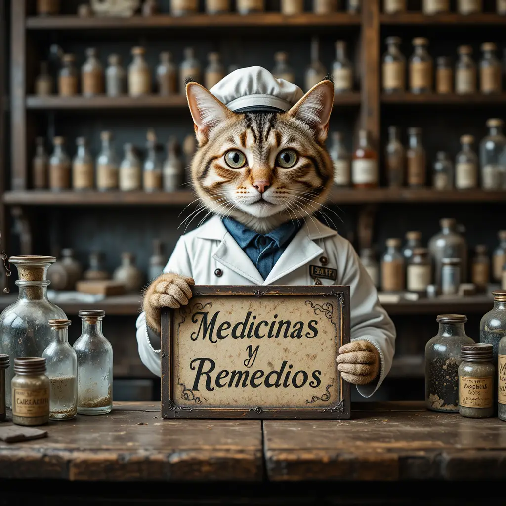 A vintage cat sits behind an antique pharmacy counter