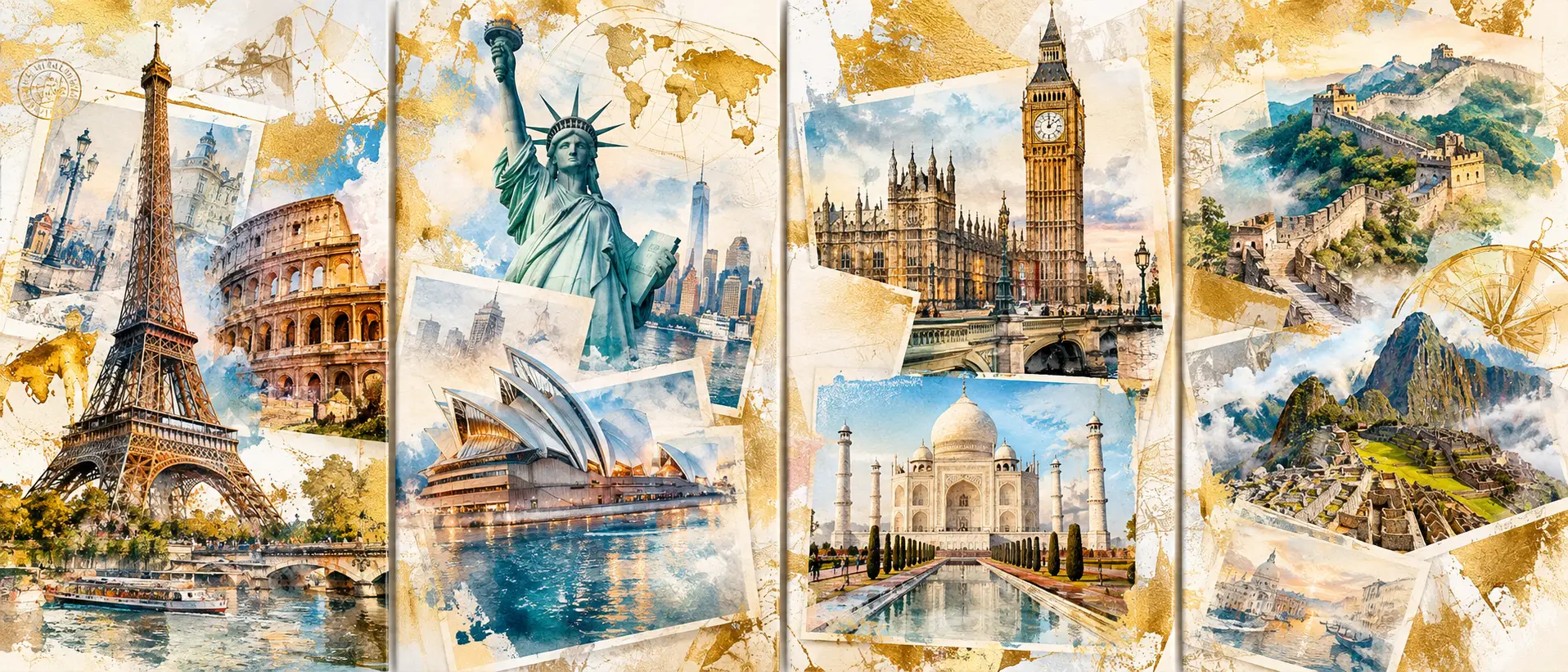 Eine vierteilige Collage weltberühmter Wahrzeichen in Aquarell- und Airbrush-Technik