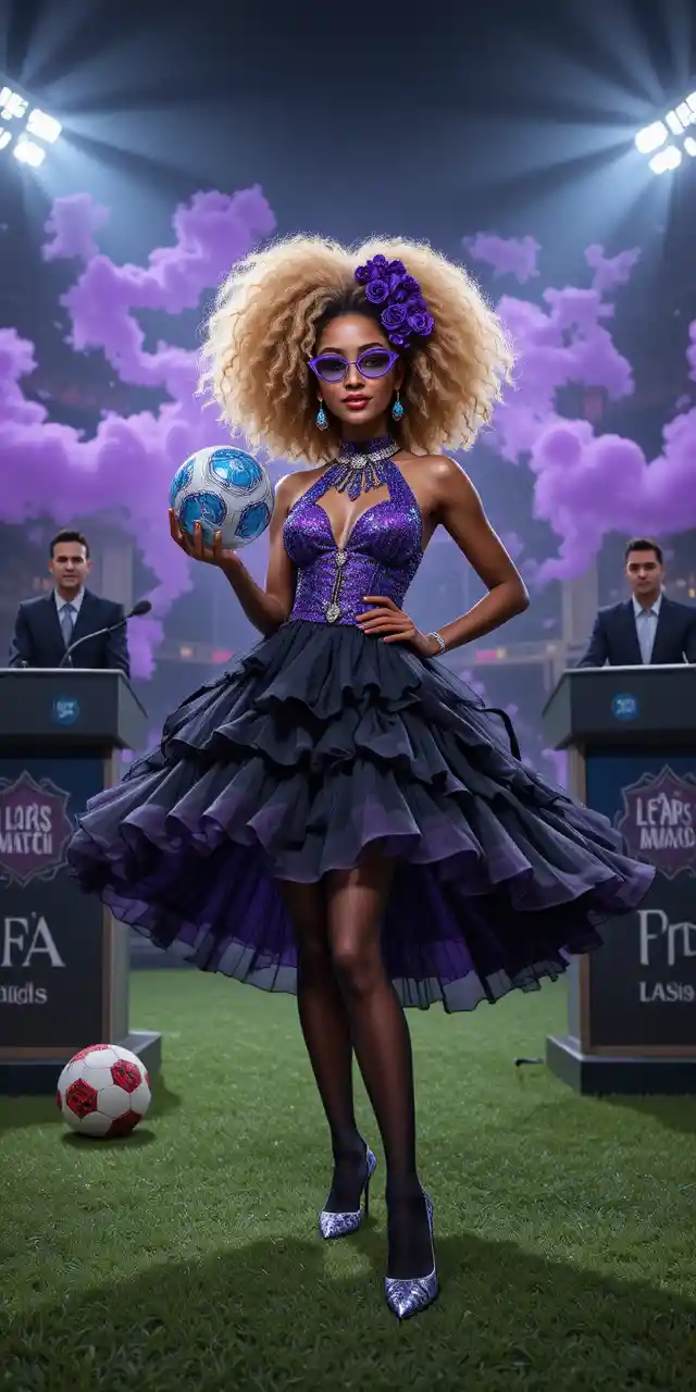 Mulher posa ao lado de bancadas de transmissão em um estádio de futebol