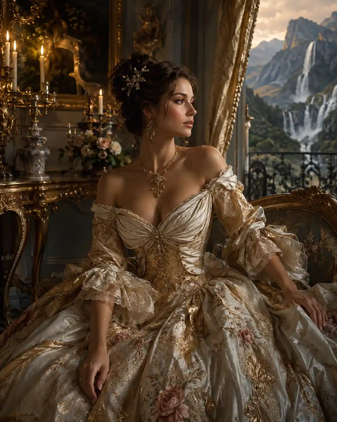 Uma mulher com um vestido rococó num aposento iluminado por velas