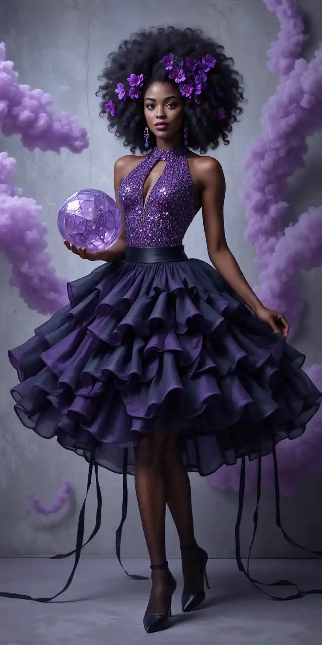 Uma mulher negra posa com uma esfera geodésica e uma saia em camadas