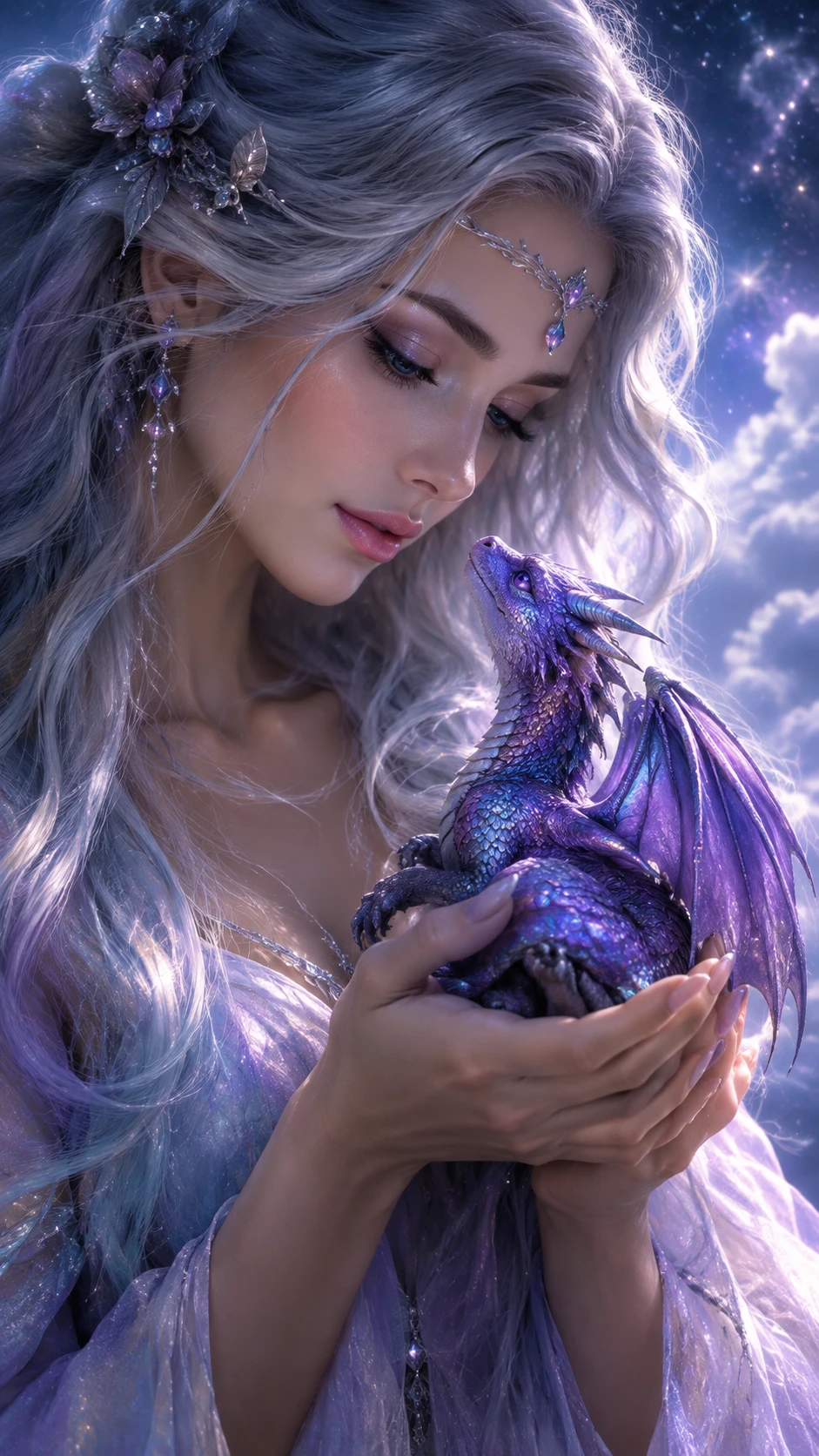 Uma mulher mística embala um pequeno dragão sob um céu estrelado