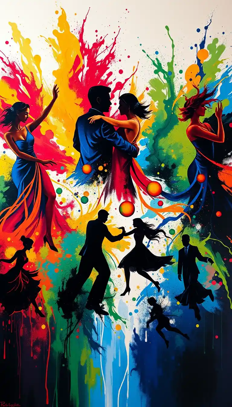 Six dancing couples swirl through a vivid abstract painting