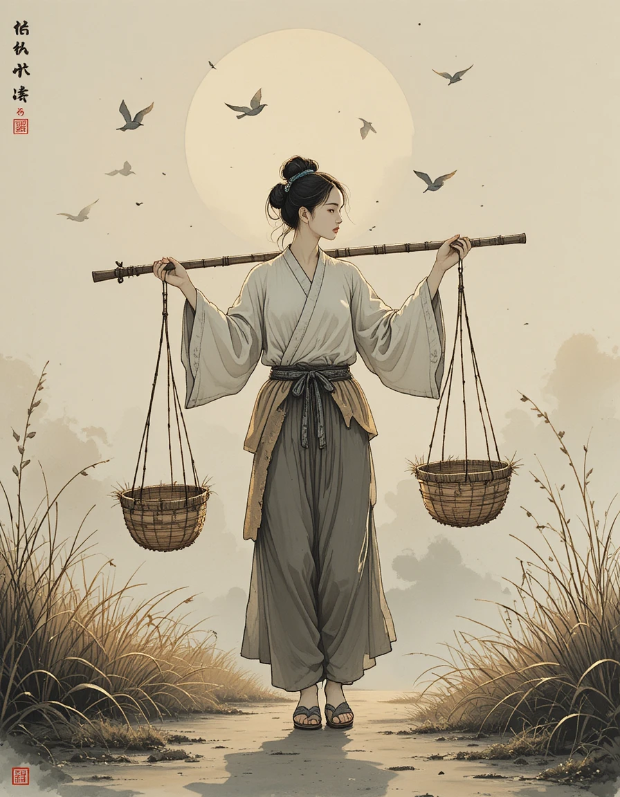 Uma mulher do campo equilibra cestos numa vara de bambu ao pôr do sol