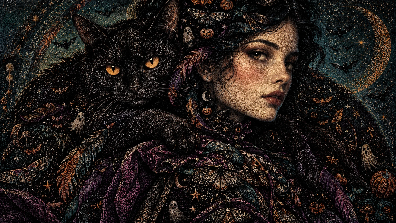 Una bruja y su gato negro forman un elaborado retrato gótico