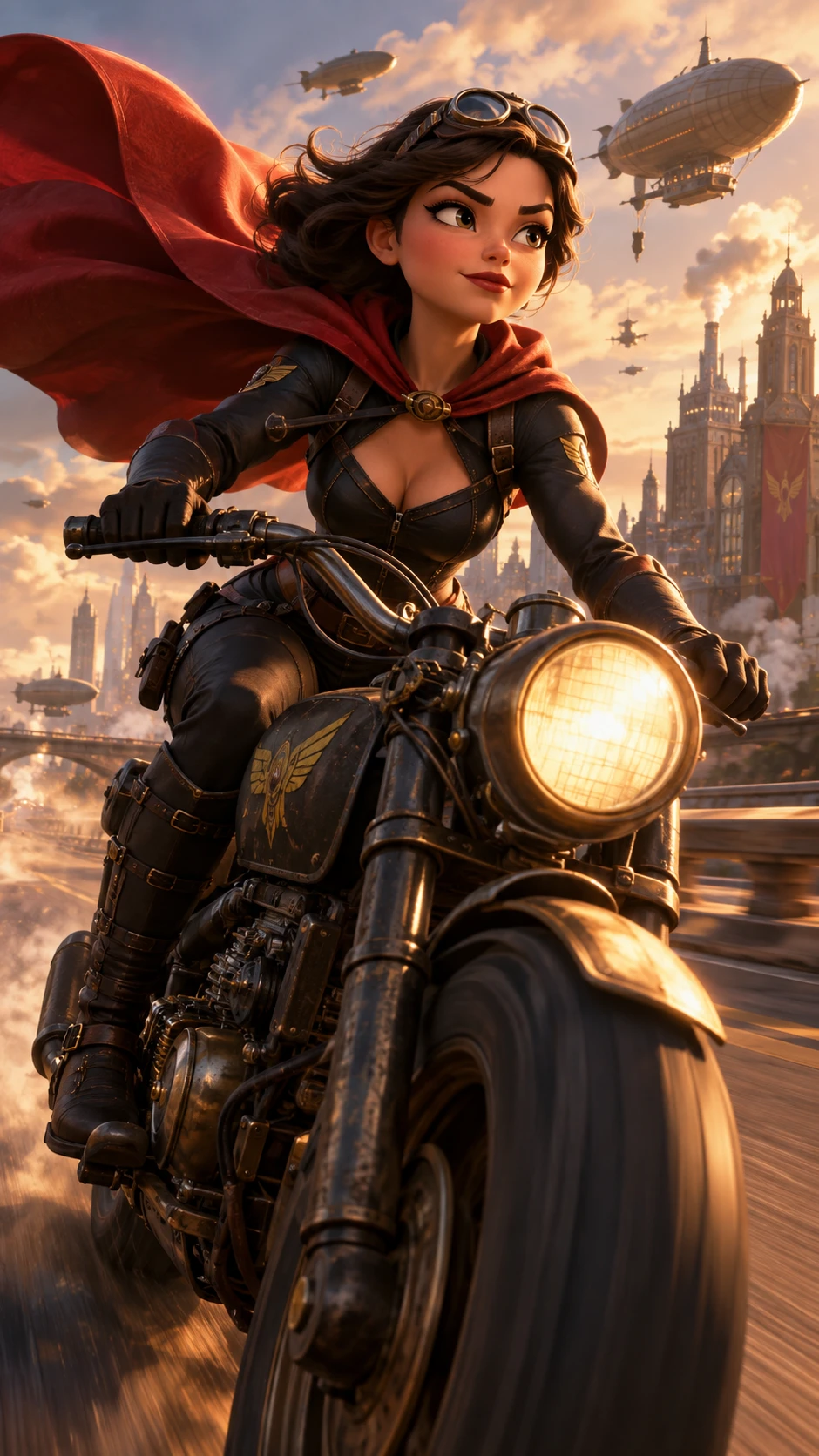 Uma super-heroína de capa pilota uma moto no estilo dieselpunk