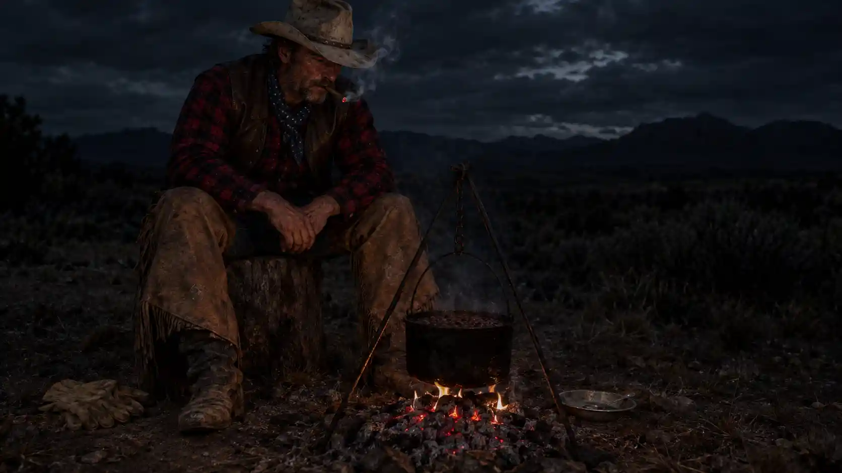Um cowboy solitário observa feijões cozinhando em uma pequena fogueira à noite