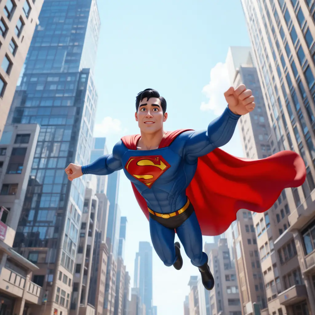 Superman charges through the sky toward a giant robot