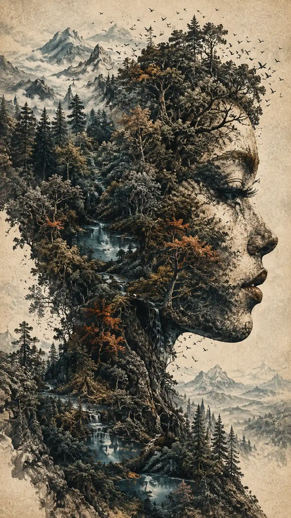 Une forêt ancienne dessine la silhouette d'un visage humain