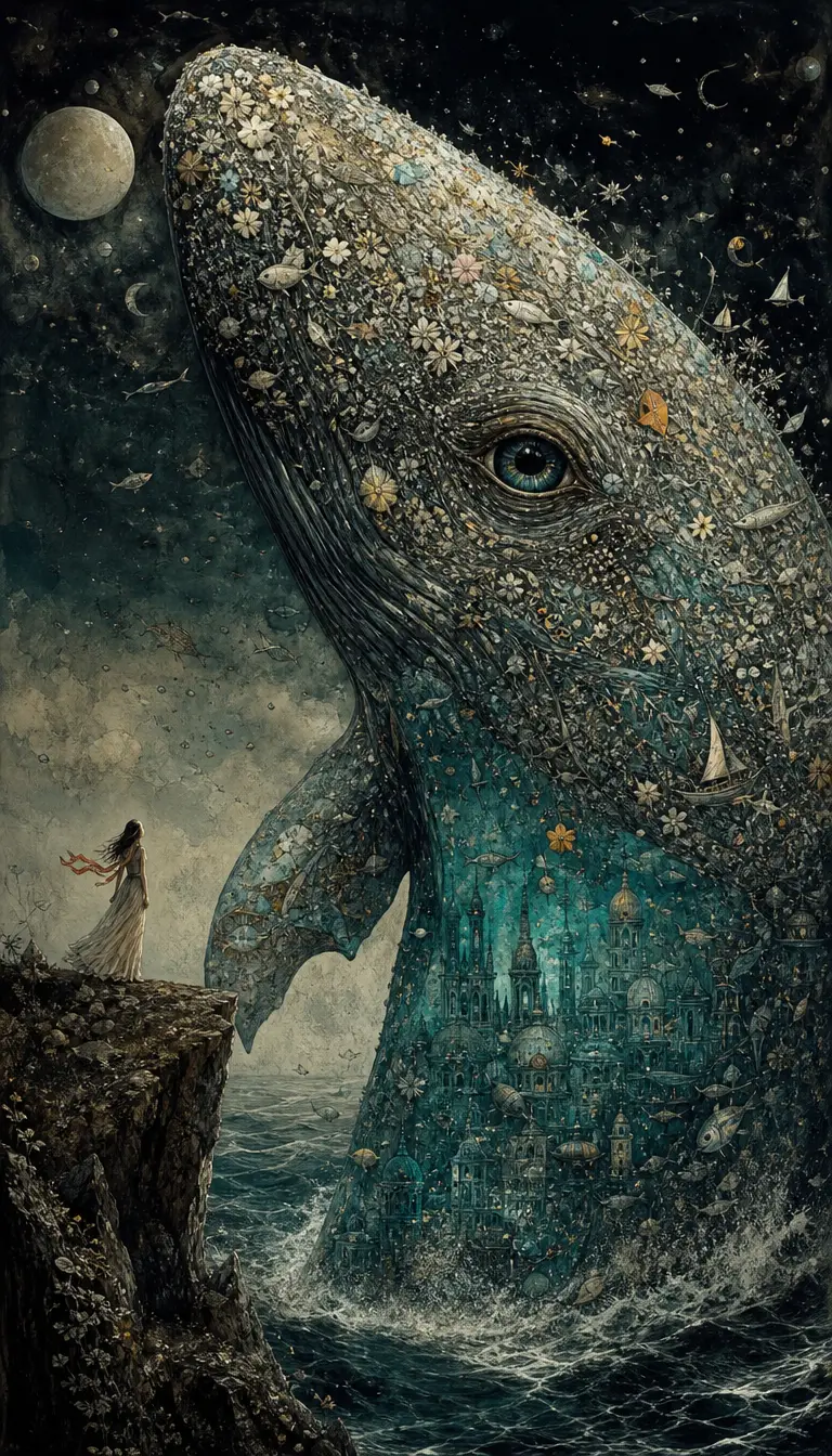 A giant whale emerges from the dark ocean, formed from tiny symbols