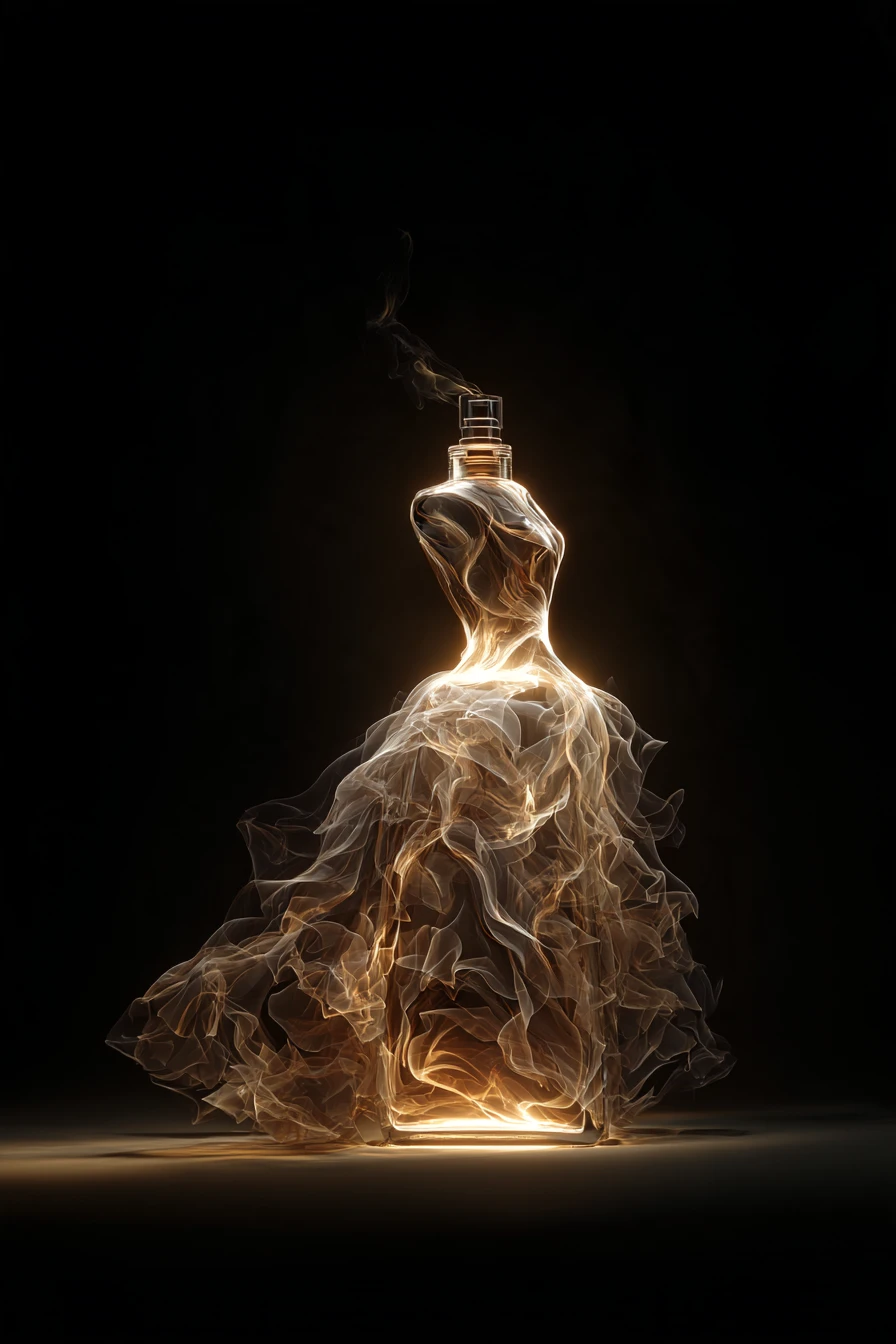 Uma silhueta feminina surreal formada por uma fragrância luminosa