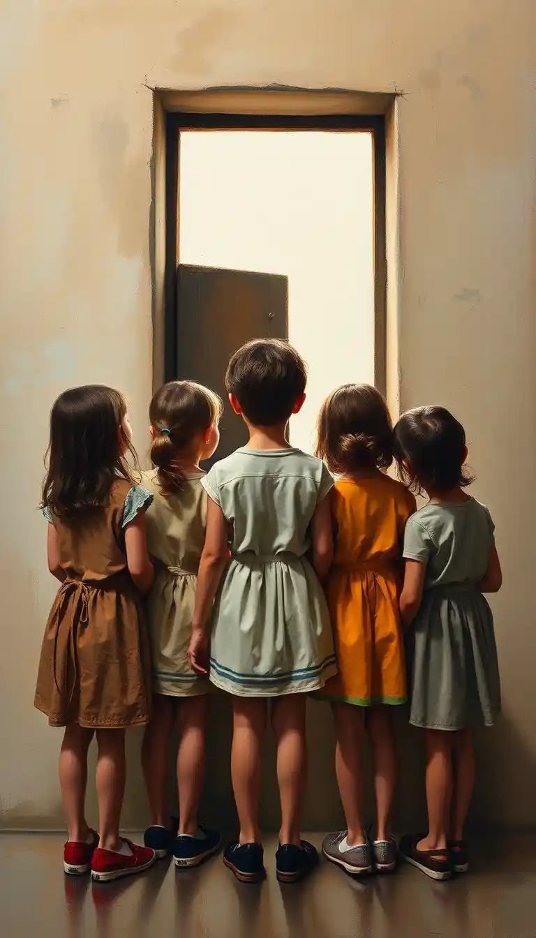 Six enfants regardent par une petite fenêtre en bois dans un vieux mur de pierre