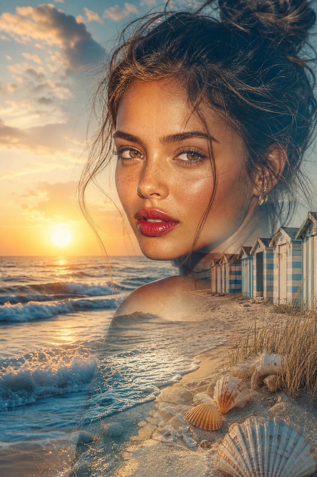 Retrato de dupla exposição que sobrepõe o rosto de uma mulher a uma cena de praia