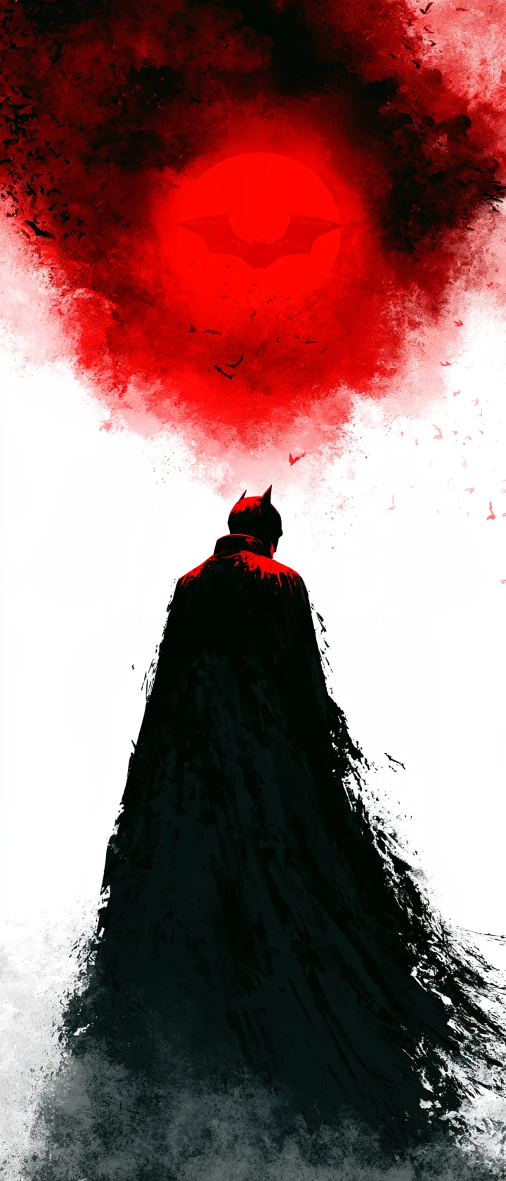 A silhueta de Batman com a capa esvoaçante diante de um emblema de morcego vermelho brilhante