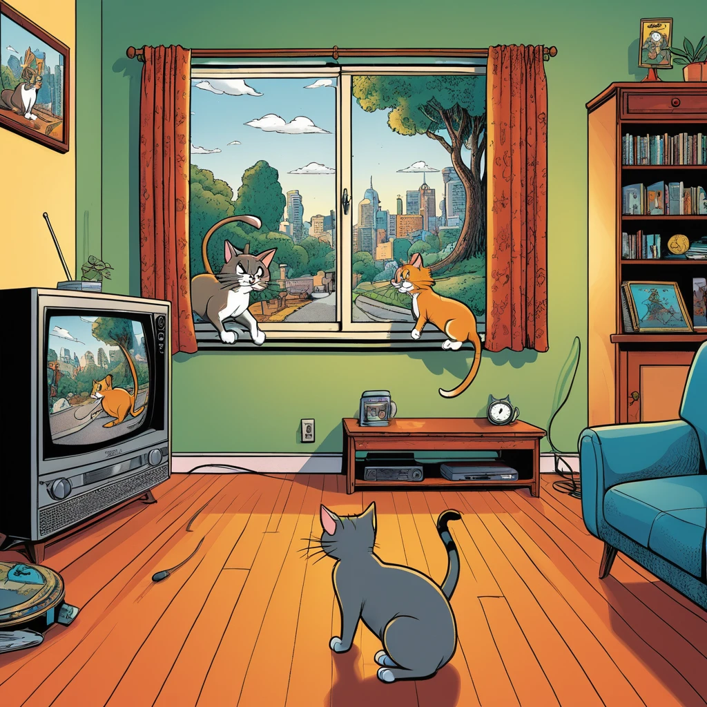 Zwei Katzen sitzen im Wohnzimmer und schauen fern