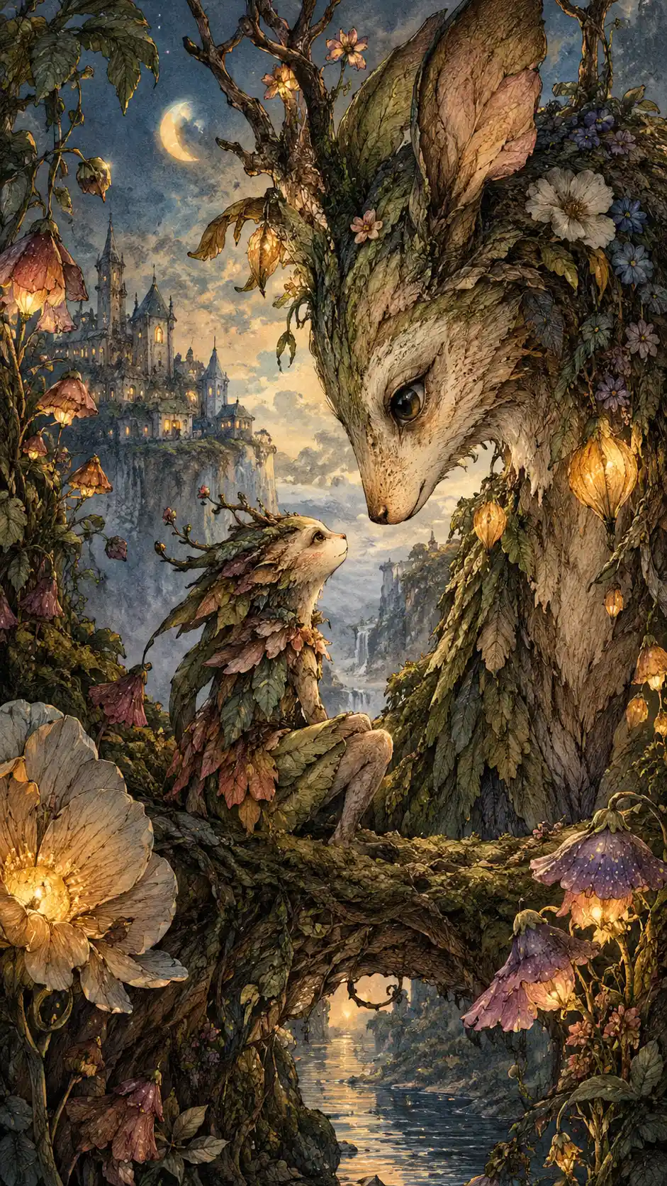 Creature botaniche fantasiose in un’illustrazione surrealista di belle arti