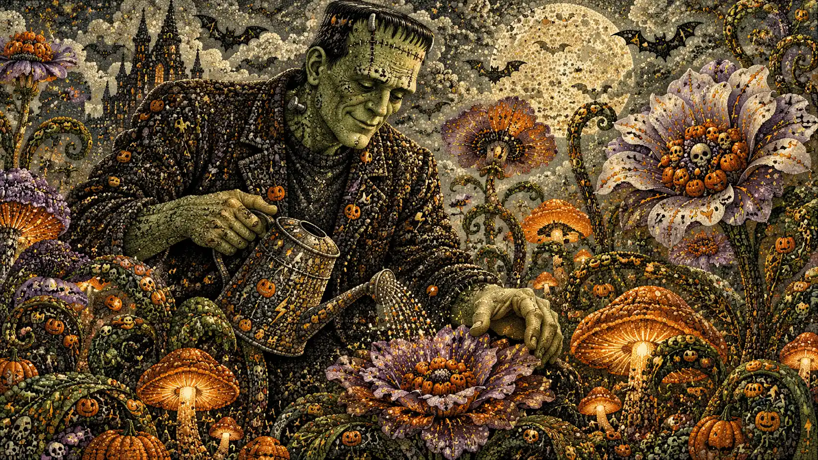 Frankenstein's Monster Tends a Whimsical Halloween Garden of Flowers and Mushrooms