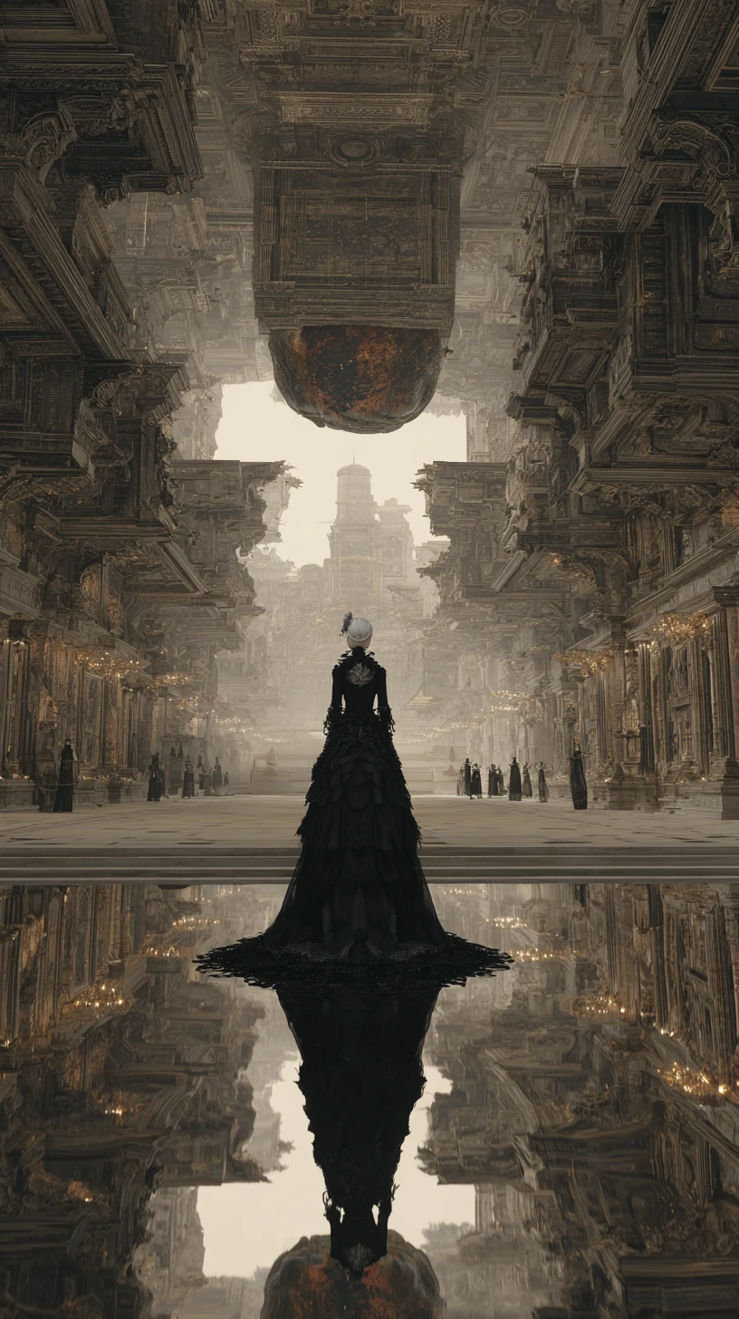 An upside-down Victorian ballroom floats above a vast black ocean