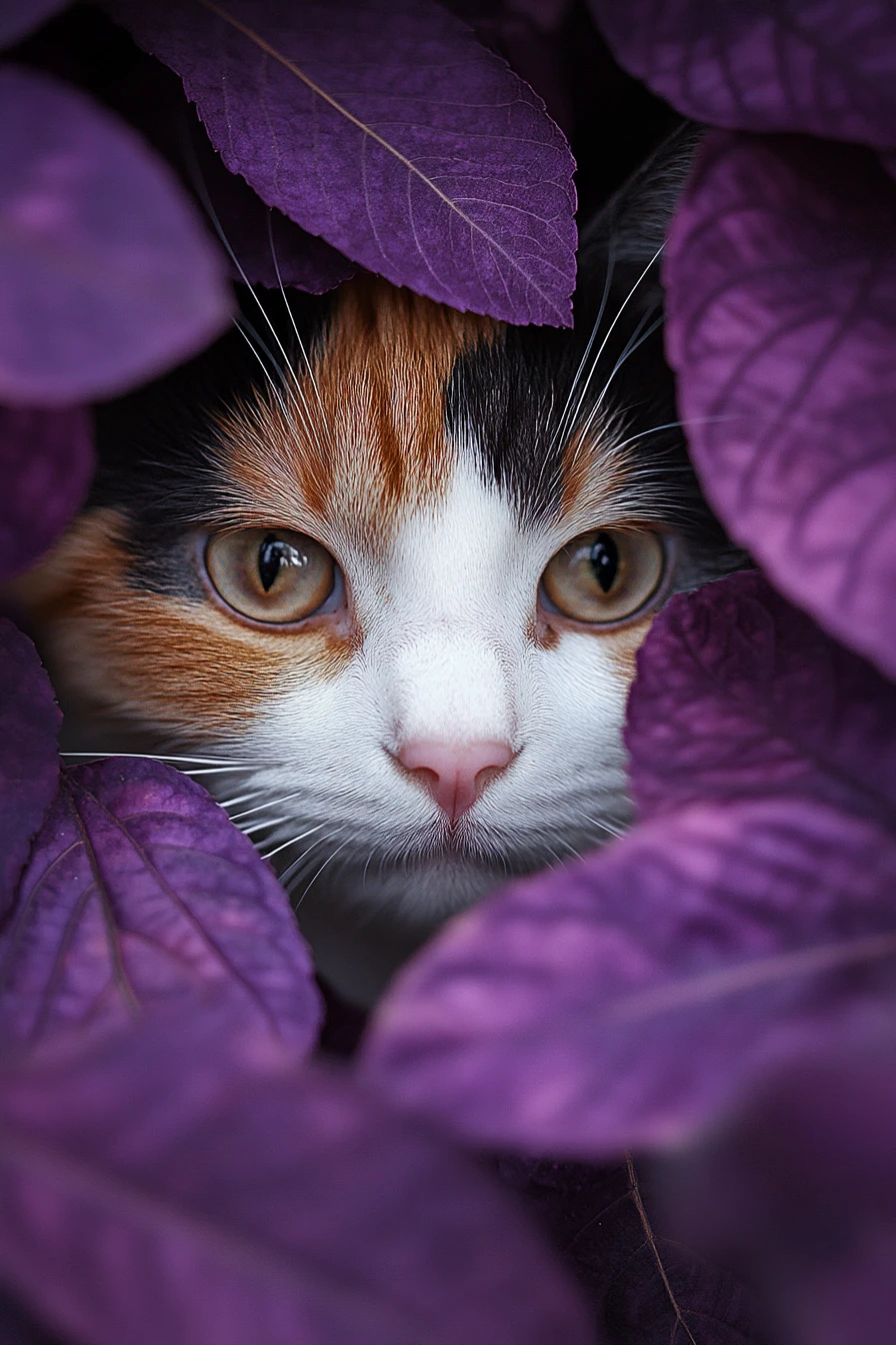 Eine dreifarbige Katze lugt mit einer sichtbaren Pfote durch violette Herbstblätter