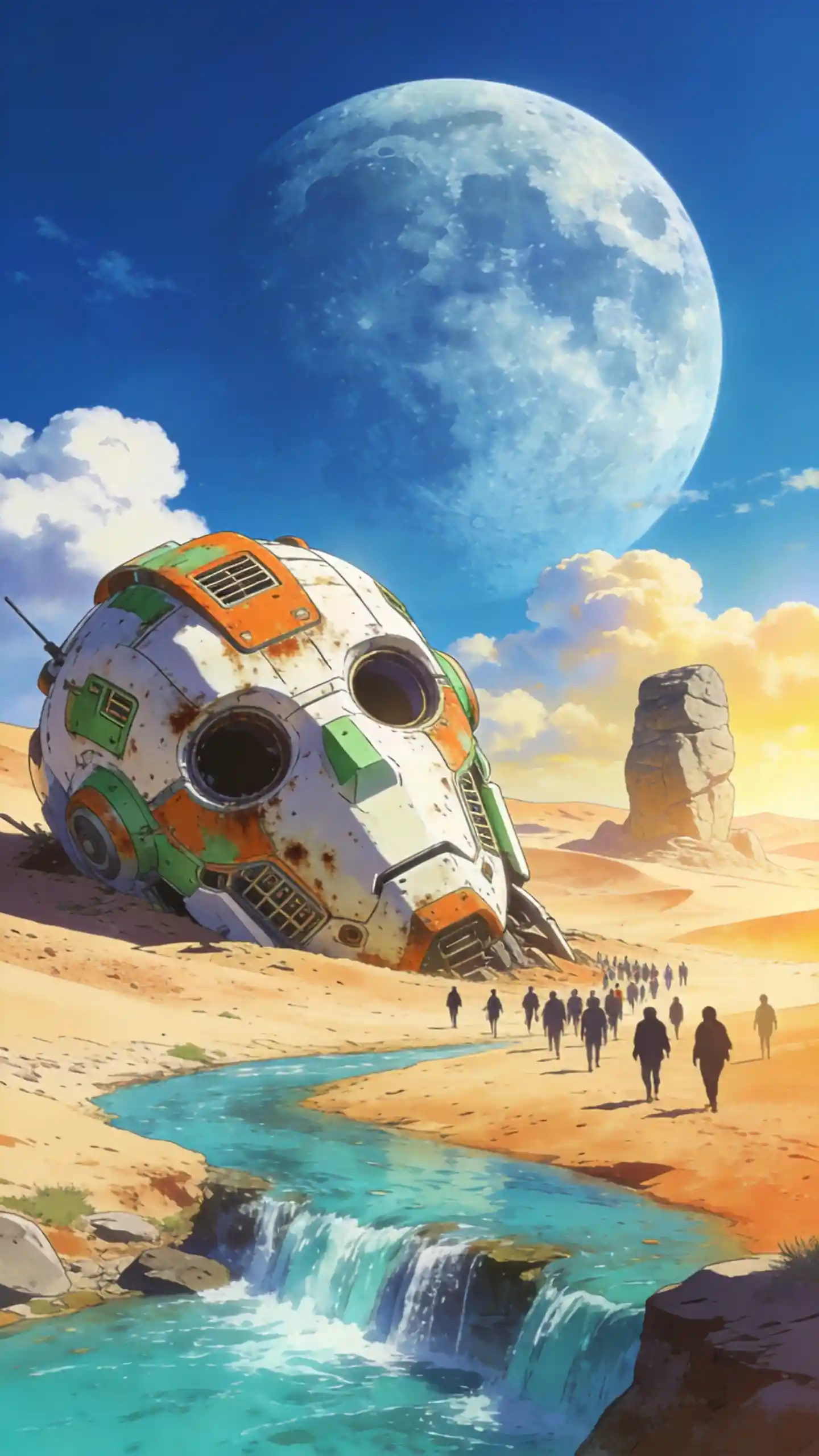 Uma colossal cabeça de robô, meio enterrada, inclina-se sobre um deserto arenoso