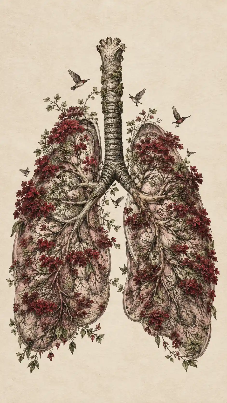 Surreal human lungs transformed into a living forest of branches