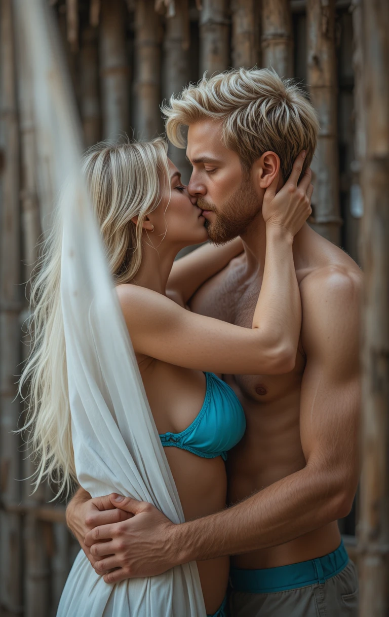 Um casal loiro troca um beijo apaixonado em um close íntimo
