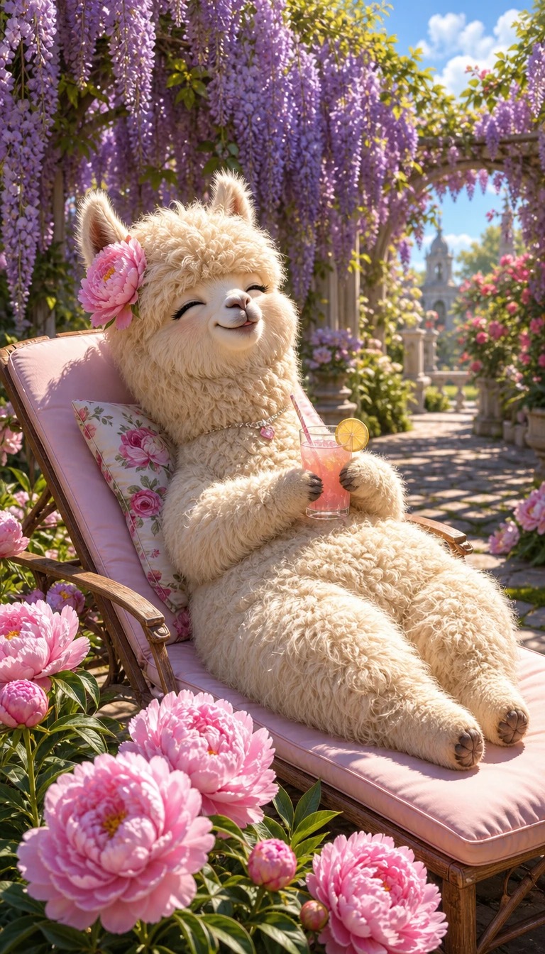 Uma alpaca fofinha descansa sob glicínias em um jardim florido