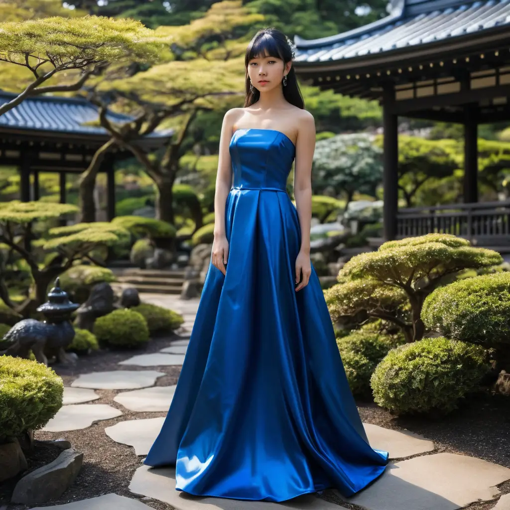 一位年輕的日本公主身穿閃耀的藍色緞面禮服，佇立於日式庭園中