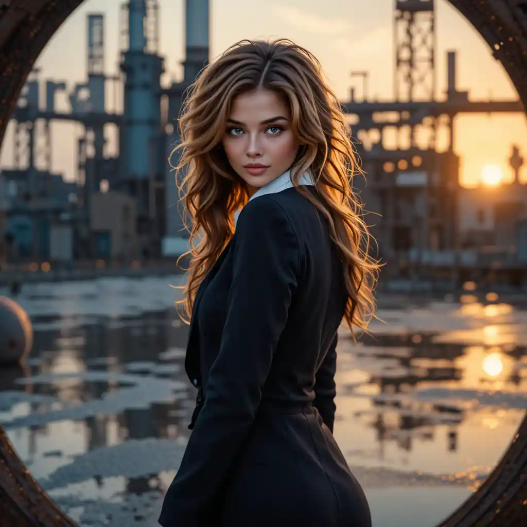 Jovem olha para trás em meio a uma paisagem industrial espelhada ao pôr do sol