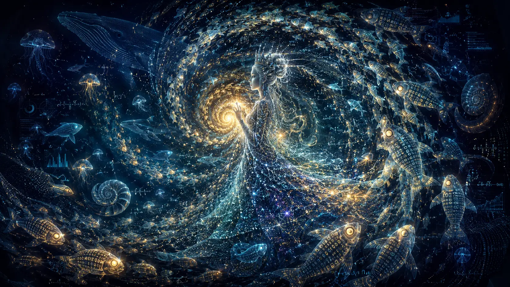 Migliaia di pesci lanterna luminosi vorticano in un'immensa spirale di codice binario