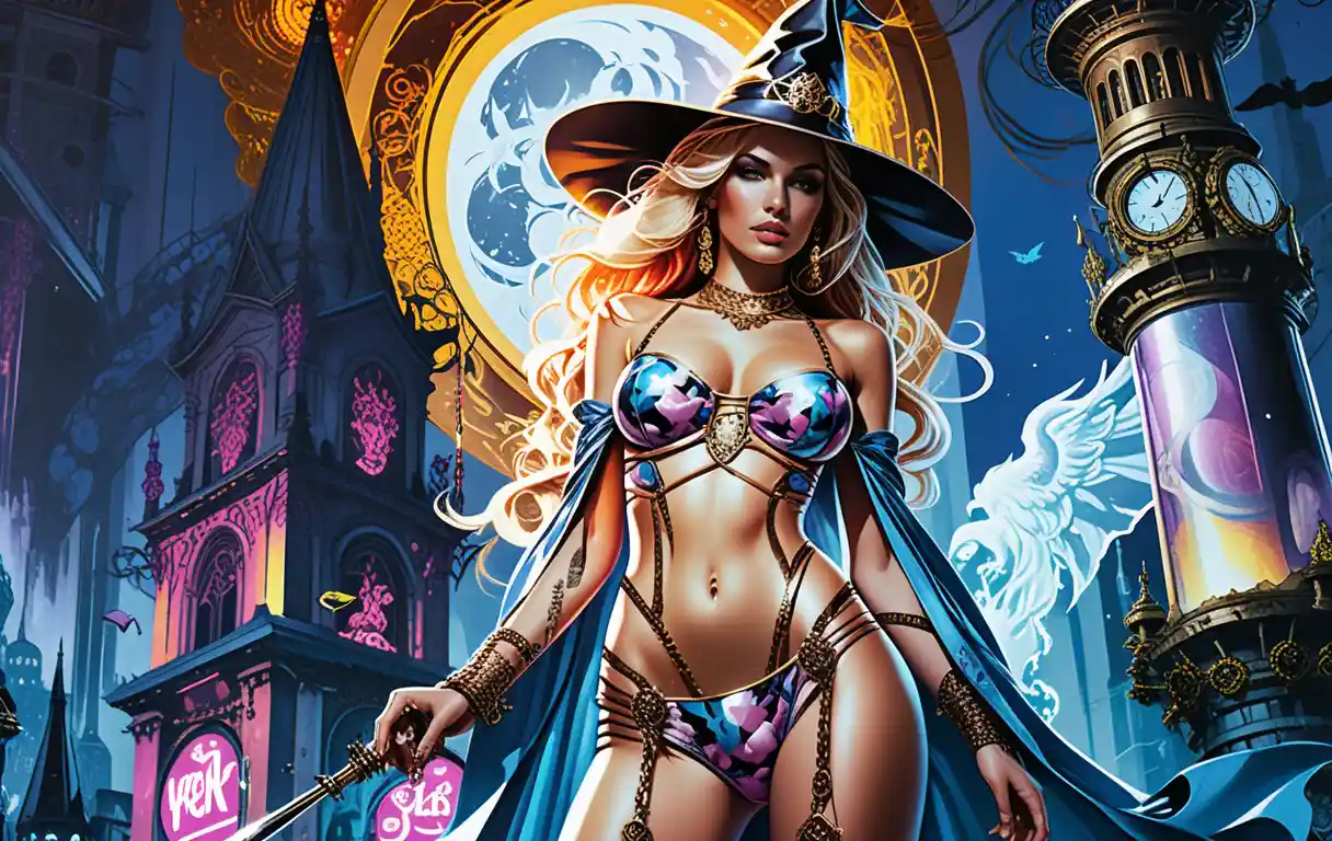 Uma feiticeira fantástica posa de forma sedutora diante de uma torre estilizada sob luzes neon