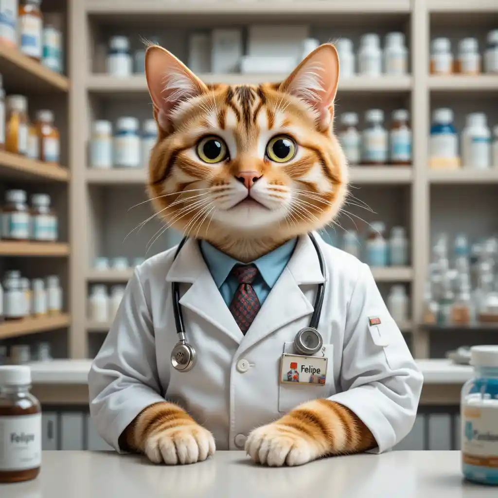 Ein professioneller Katzenapotheker steht hinter einer Theke mit Arzneimittelflaschen