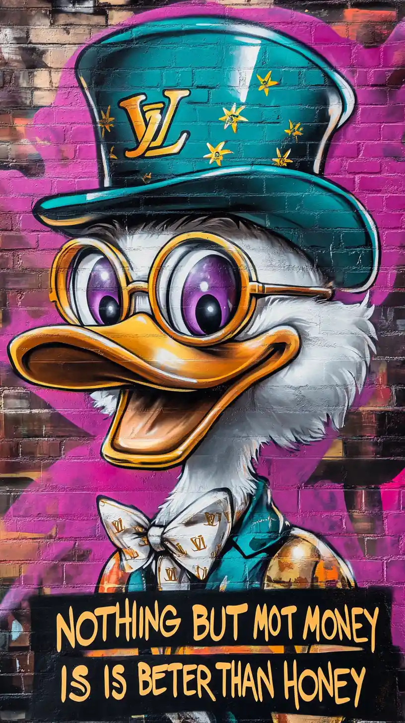 Un magnate papero sorridente in un murale graffiti con occhiali dorati
