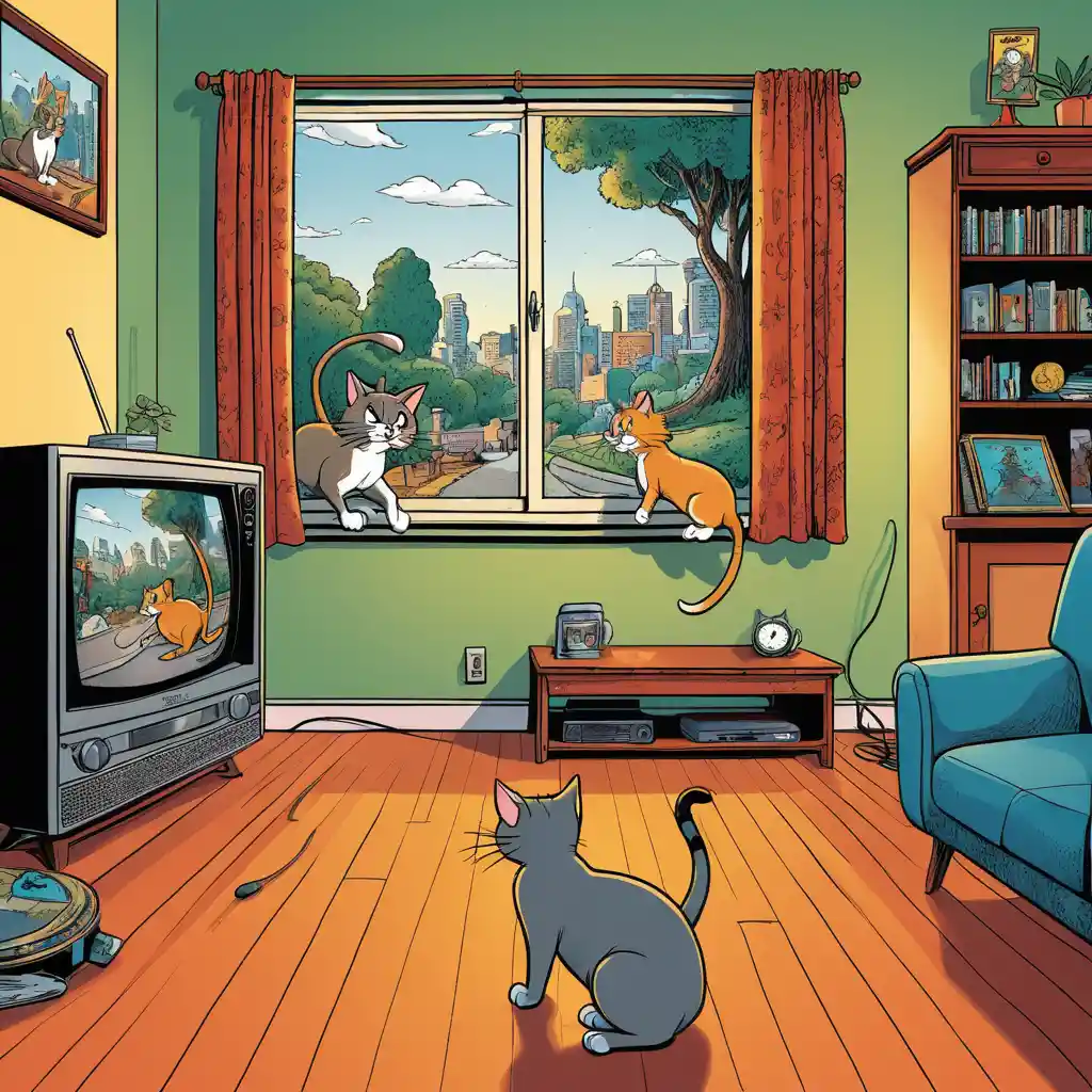 Two cats sit watching television in a living room