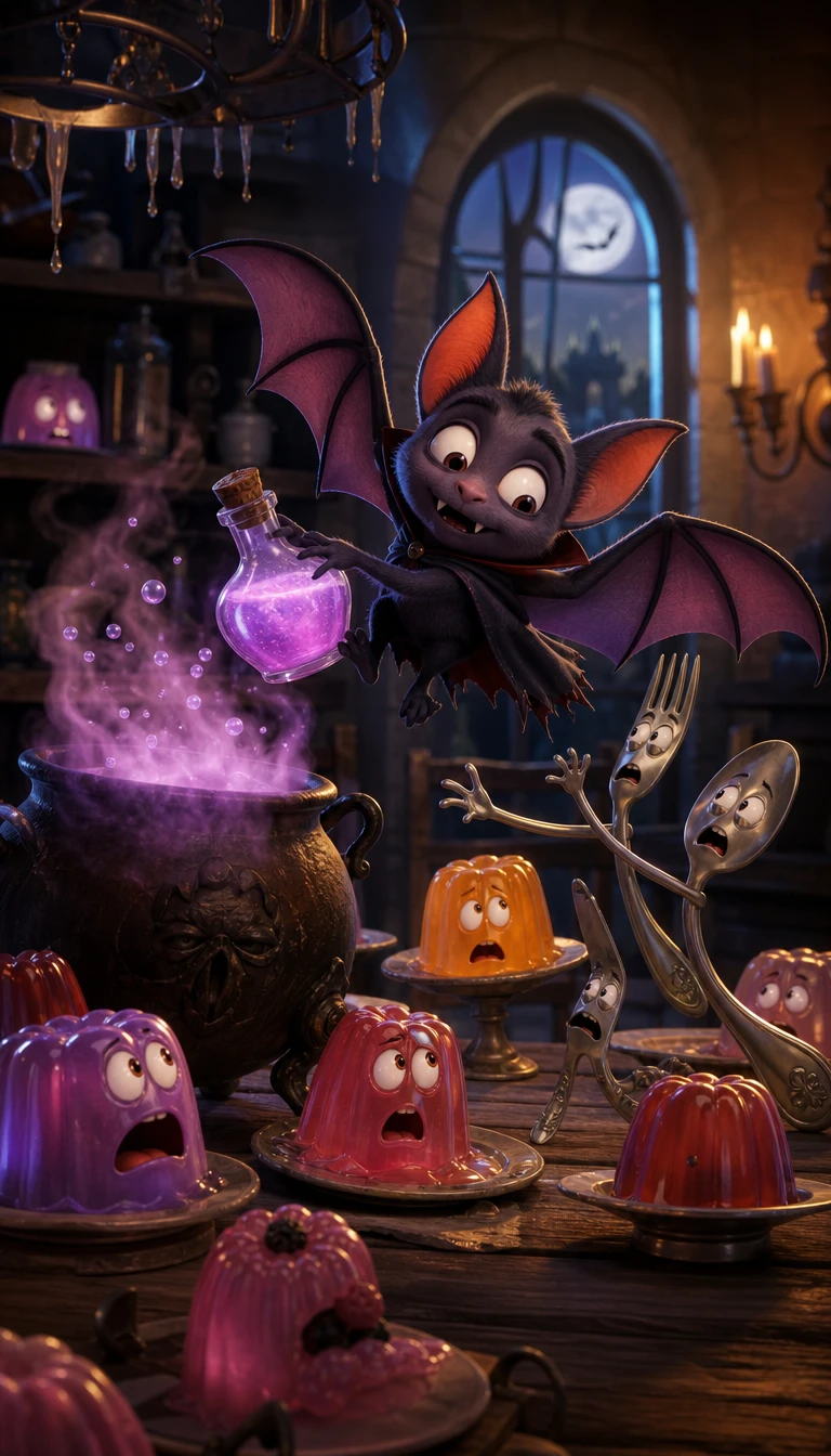 Um morcego-vampiro estende a pata para alcançar uma poção brilhante numa cozinha assombrada