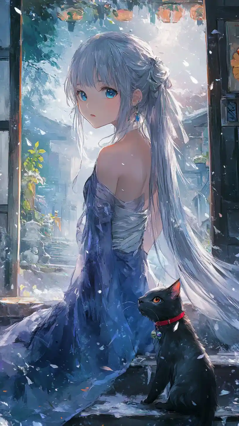 灰髮動漫女孩，編有羽毛的辮子與雪花洋裝