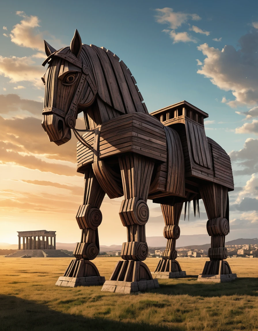 Um enorme cavalo de madeira se ergue em um campo deserto diante de Troia ao amanhecer