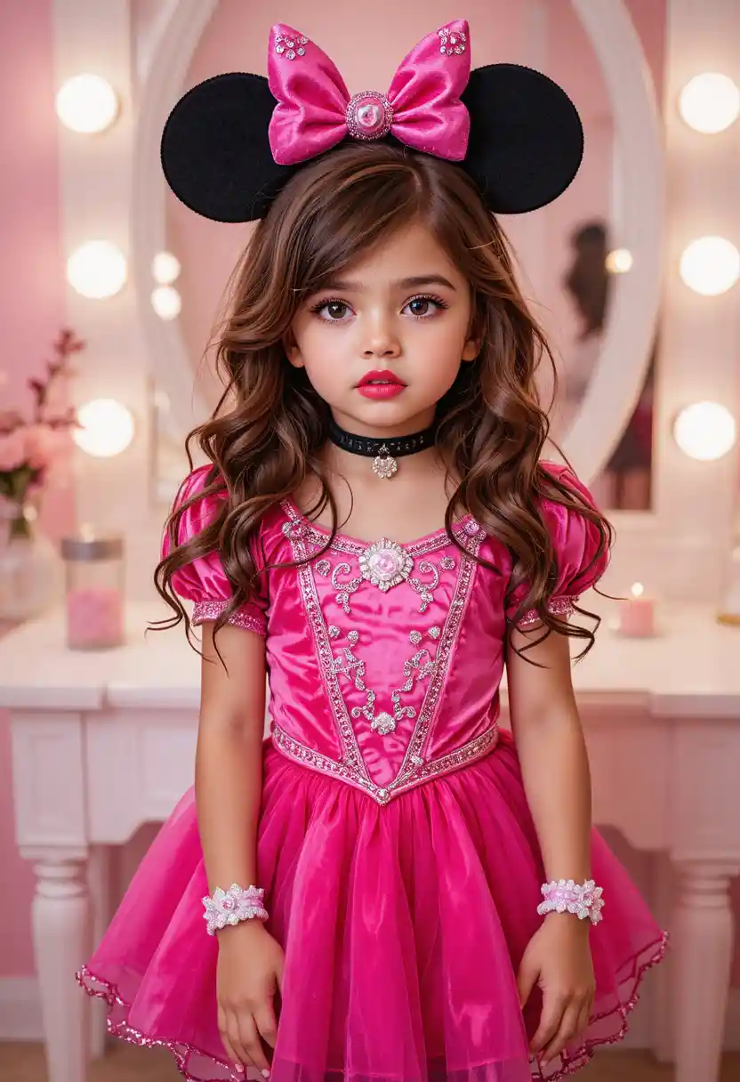 Um menino nervoso com uma fantasia de princesa da Minnie Mouse está diante de uma penteadeira