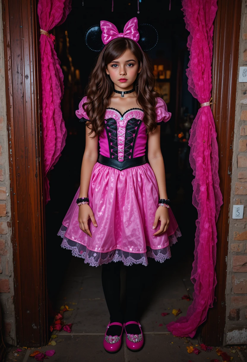 Un preadolescente nervioso hace pucheros en una puerta, vestido de princesa de Minnie Mouse