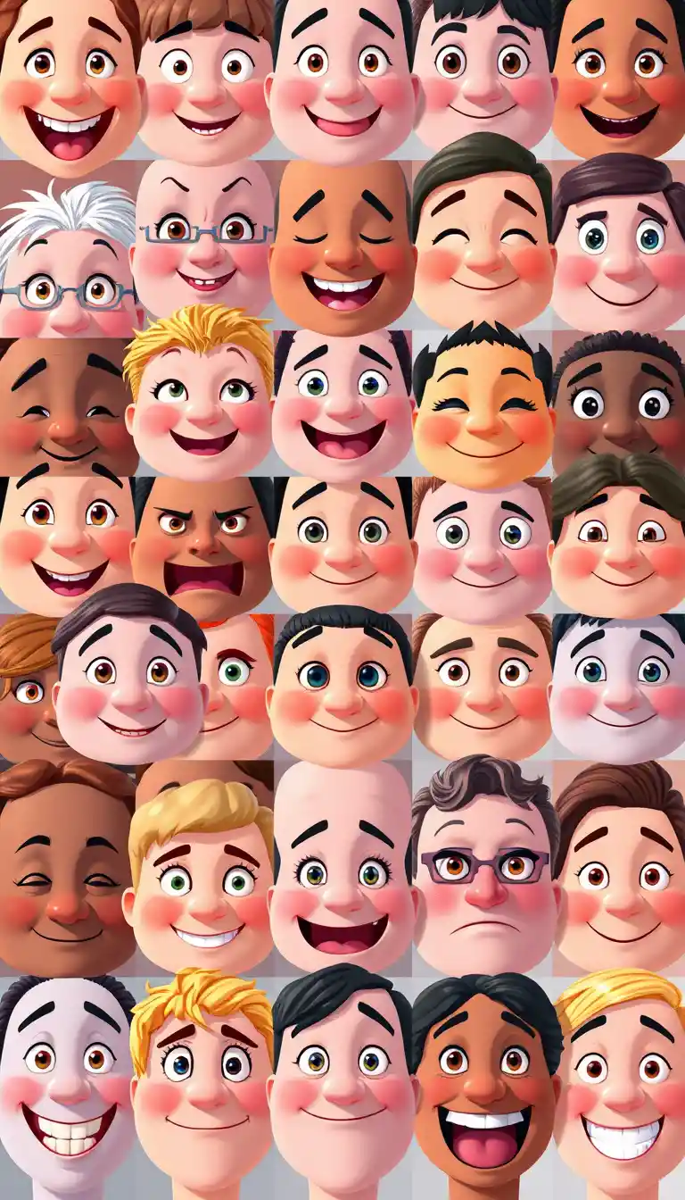 Quarenta rostos de desenhos animados expressam uma ampla variedade de emoções humanas