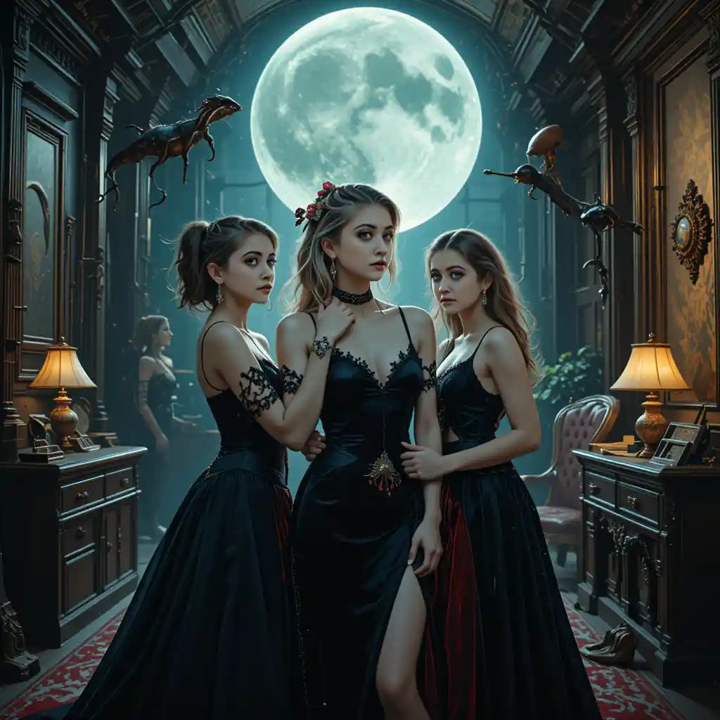Un vampire mord une femme sous la pleine lune dans un bureau gothique